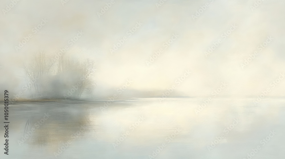 A gentle fog rolling over a quiet lake, with muted tones of soft gray, pale blue, and light beige creating a serene and peaceful atmosphere A gentle fog rolling over a quiet lake, with muted tones of soft gray, pale blue, and light beige creating a serene and peaceful atmosphere