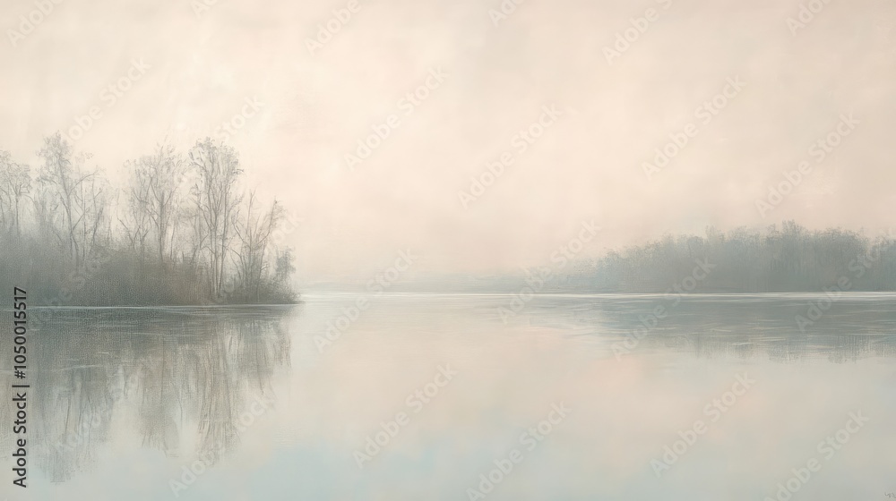 A gentle fog rolling over a quiet lake, with muted tones of soft gray, pale blue, and light beige creating a serene and peaceful atmosphere A gentle fog rolling over a quiet lake, with muted tones of soft gray, pale blue, and light beige creating a serene and peaceful atmosphere