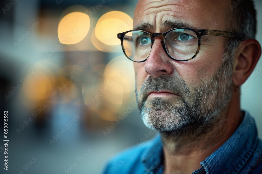 A contemplative middle-aged man with glasses stands outdoors, evoking a sense of introspection and awareness, while soft lighting highlights his features. A contemplative middle-aged man with glasses stands outdoors, evoking a sense of introspection and awareness, while soft lighting highlights his features.