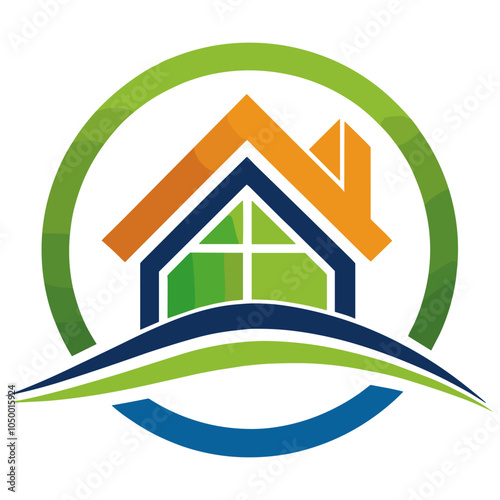 Vibrant logo design of a house with colorful elements and landscape, modern real estate concept, copy space