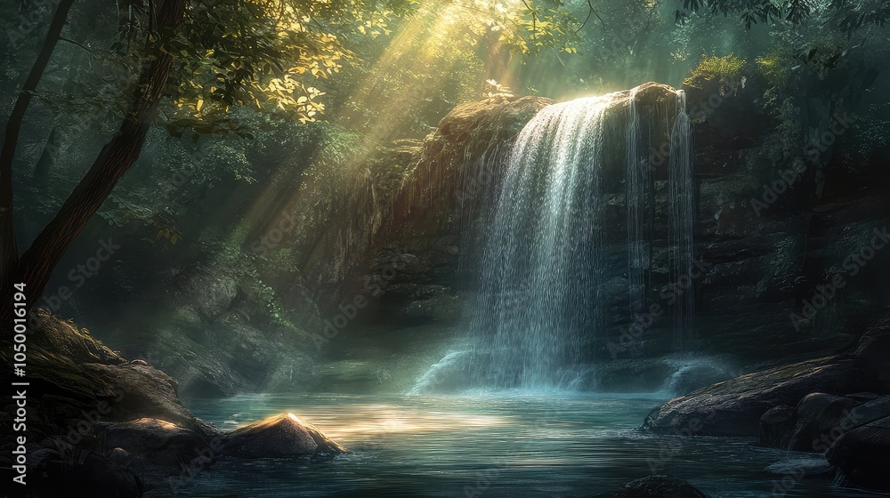 A gentle waterfall flowing over smooth stones into a hidden pool, with soft sunlight filtering through the trees above A gentle waterfall flowing over smooth stones into a hidden pool, with soft sunlight filtering through the trees above