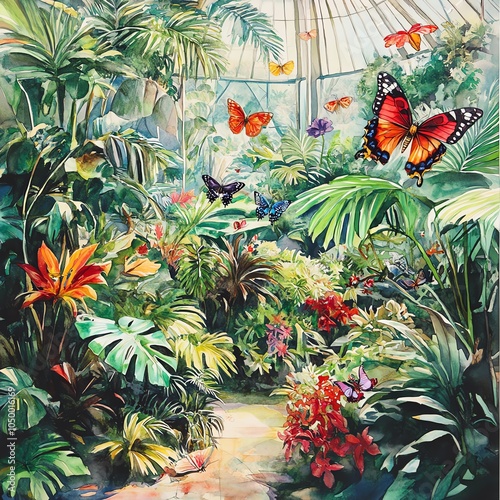 Illustrate an intricate overhead shot of a lush botanical garden filled with exotic plants and colorful butterflies, depicted in a vivid watercolor style
