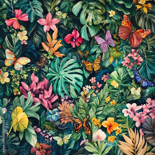 Illustrate an intricate overhead shot of a lush botanical garden filled with exotic plants and colorful butterflies, depicted in a vivid watercolor style