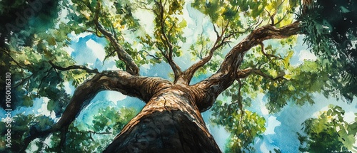 Illustrate an intriguing worms-eye view of a majestic ancient tree in a lush forest, symbolizing natures equity, enhanced with vibrant watercolors for depth and richness