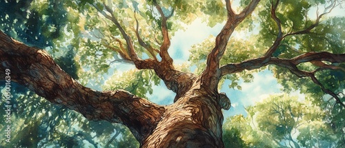 Illustrate an intriguing worms-eye view of a majestic ancient tree in a lush forest, symbolizing natures equity, enhanced with vibrant watercolors for depth and richness