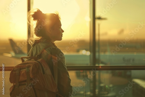 A person with a backpack gazes thoughtfully out of an airport window at sunset, capturing the anticipation and excitement of travel and new beginnings.