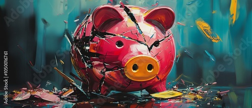 Render a dramatic close-up of a shattered piggy bank, depicting financial ruin, with bold colors in a digital painting