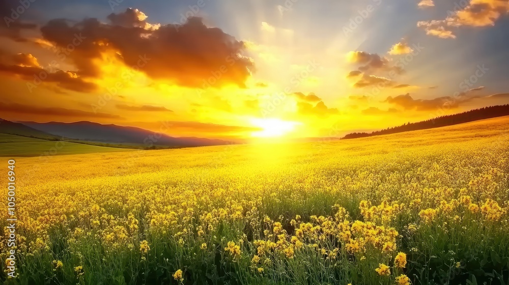 Golden Sunset Over Flowering Field Landscape Golden Sunset Over Flowering Field Landscape