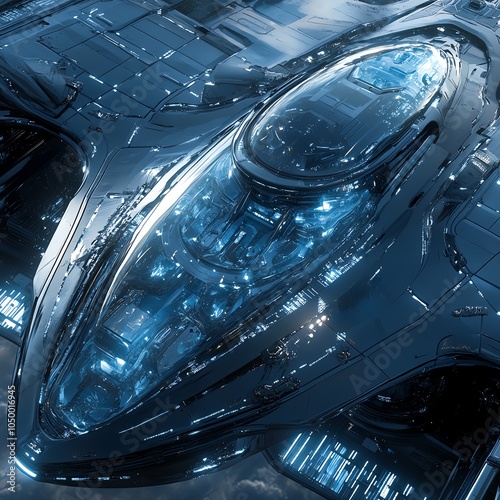 Render a high-angle view of a sleek, futuristic bond enveloped in shimmering blue hues, with intricate details and a sense of mystery