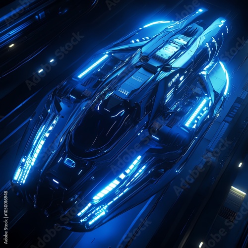 Render a high-angle view of a sleek, futuristic bond enveloped in shimmering blue hues, with intricate details and a sense of mystery
