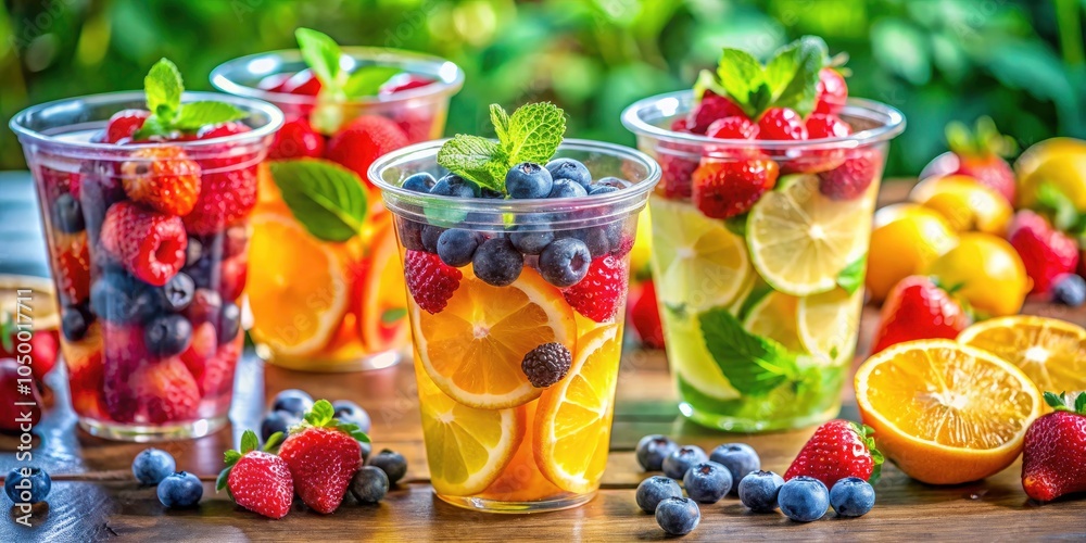 Refreshing Fruit Infused Drinks in Clear Plastic Cups, Vibrant Colors, Summer Vibes, Healthy Hydration, Citrus, Berries, Mint, Refreshing Beverages, Cool Refreshing Fruit Infused Drinks in Clear Plastic Cups, Vibrant Colors, Summer Vibes, Healthy Hydration, Citrus, Berries, Mint, Refreshing Beverages, Cool