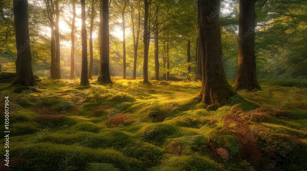 A hidden forest glade with vibrant ferns and soft moss underfoot, bathed in golden light filtering through the tall trees A hidden forest glade with vibrant ferns and soft moss underfoot, bathed in golden light filtering through the tall trees
