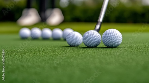 Accurate putt on a practice green, multiple balls lined up, golfer s stance highlighted photo