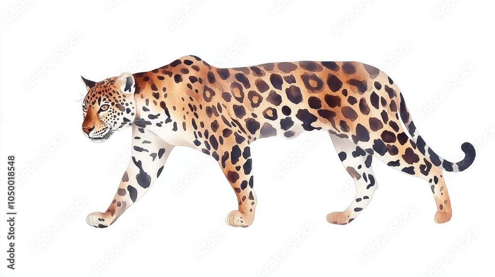 Side profile of a jaguar walking, illustrated in a watercolor style Side profile of a jaguar walking, illustrated in a watercolor style