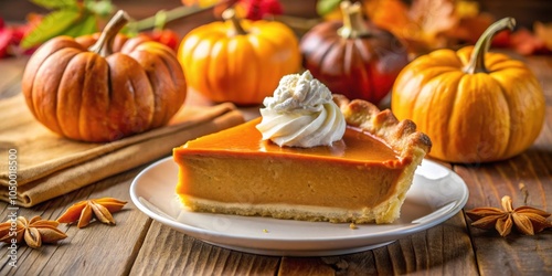 A slice of pumpkin pie topped with whipped cream, surrounded by pumpkins and autumn leaves, resting on a rustic wooden table