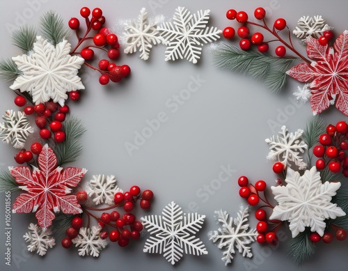 Christams white frame withf white snowflake decorations and red berries  on pastel gray background with copy space photo