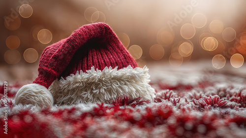 Illustration AI cozy santa hat with festive bokeh lights background. End of the year, celebration.