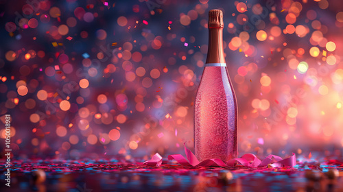 Illustration AI festive pink champagne bottle with colorful confetti and bokeh lights. New year.