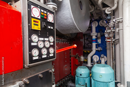 Fototapeta Naklejka Na Ścianę i Meble -  The engine room of a ship with electric motors and mechanisms.