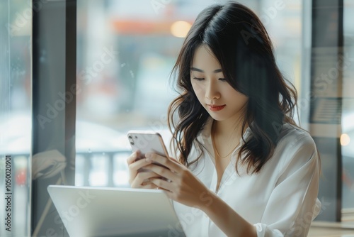 A young woman sits at a cafe multitasking on her phone and laptop, concentrating deeply, embodying the modern, busy lifestyle of urban professionals. photo