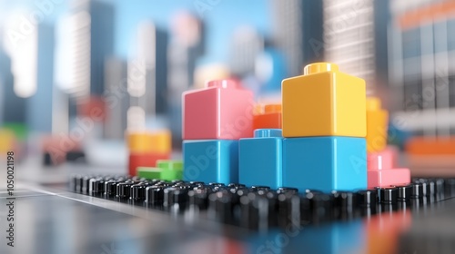 Colorful Building Blocks with City Skyline Background   Business Growth  Success  Construc photo