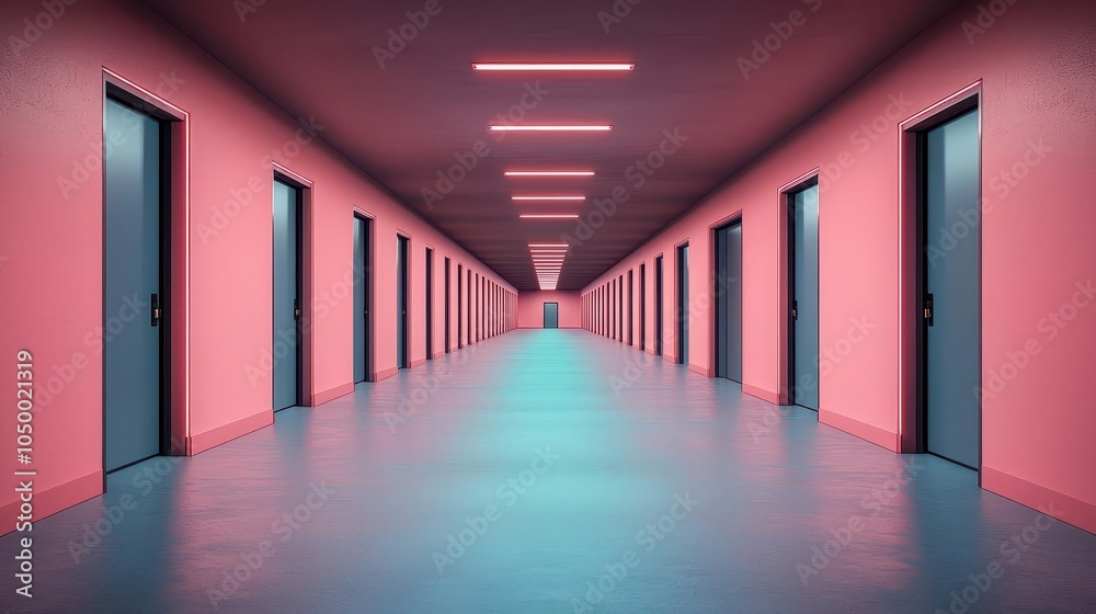 Fototapeta premium A futuristic nuclear fuel storage facility, advanced cooling systems, neonlit chambers, and heavy security measures nuclear fuel storage, future energy safety