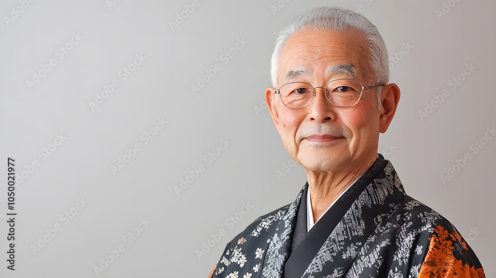 An Elegant Elderly Man in Traditional Japanese Kimono Showcasing Cultural Heritage with Grace and Pride Against a Soft Background. An Elegant Elderly Man in Traditional Japanese Kimono Showcasing Cultural Heritage with Grace and Pride Against a Soft Background.