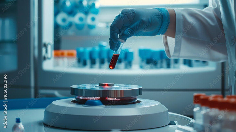 A macro shot of a medical lab technician analyzing blood samples with a centrifuge in a clean, high-tech lab, set against a bright and organized background A macro shot of a medical lab technician analyzing blood samples with a centrifuge in a clean, high-tech lab, set against a bright and organized background