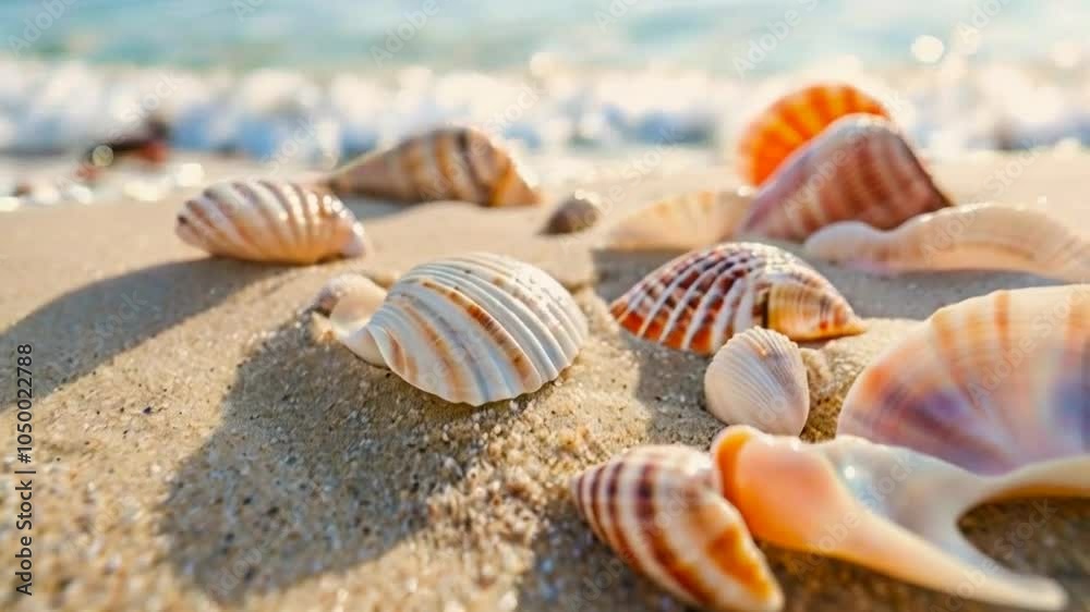 A collection of colorful seashells scattered on a sandy beach near the ocean. A collection of colorful seashells scattered on a sandy beach near the ocean.