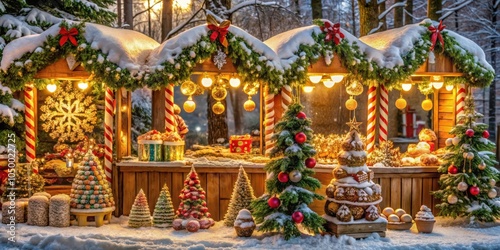 A winter wonderland scene with charming wooden kiosks decorated with festive greenery, twinkling lights, and snow-dusted ornaments.