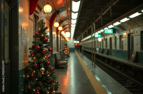 Underground Subway with Christmas decorations and Christmas tree. Public transport at Christmas. Train with New Year's decorations. Christmas tree on the train.