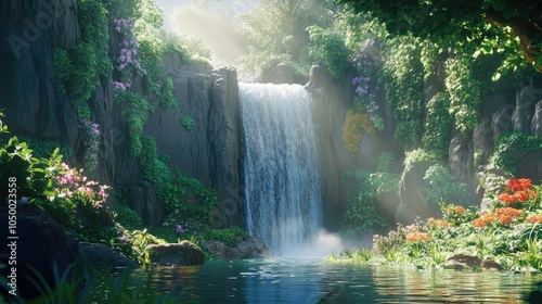 A hidden waterfall tumbling down steep cliffs into a secluded pond, surrounded by dense greenery and the soft sound of water echoing in the air photo