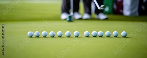 Golfer practicing accurate putting with multiple balls lined up, clean green, bright daylight photo