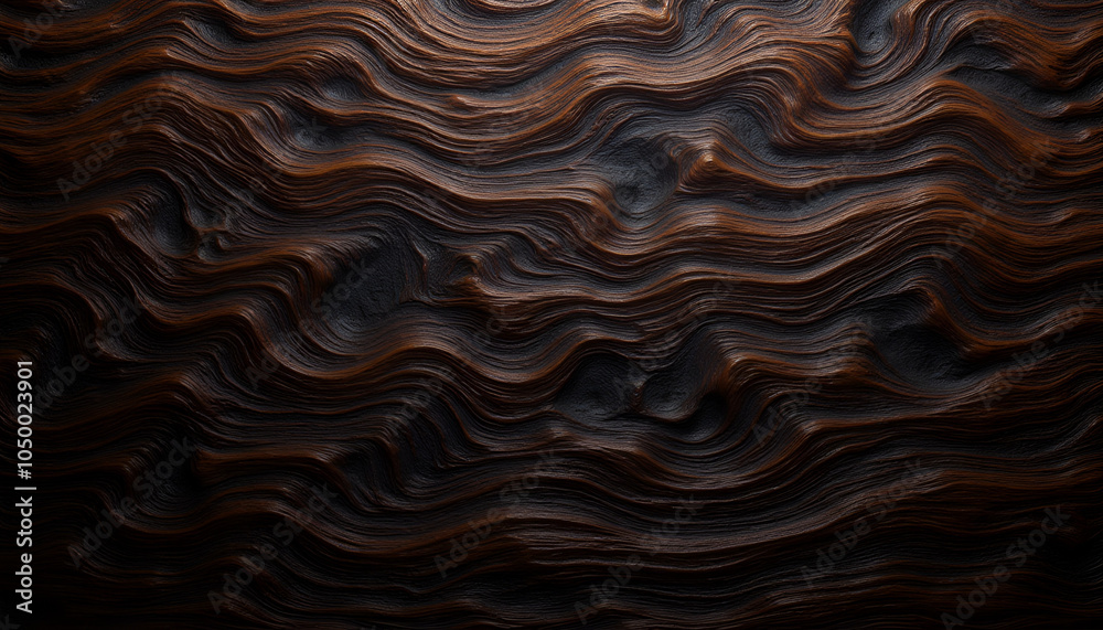 Richly textured ebony wood surface with intricate three-dimensional patterns illuminated by warm lighting