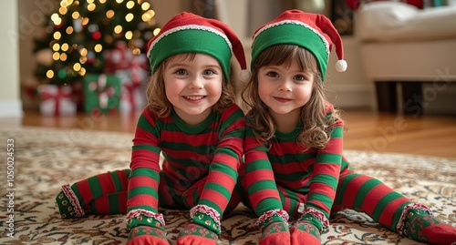 In the week leading up to Christmas, two children stare upisolated at an elf photo