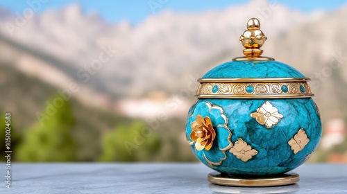 Tibetan Prayer Wheel with Mountain Landscape Background Buddhist Ritual and Symbolism