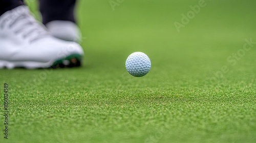 Golfer s precise chip shot from the rough, ball flying towards the green, textured grass photo