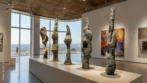 A contemporary art exhibition featuring abstract sculptures in a bright gallery setting.