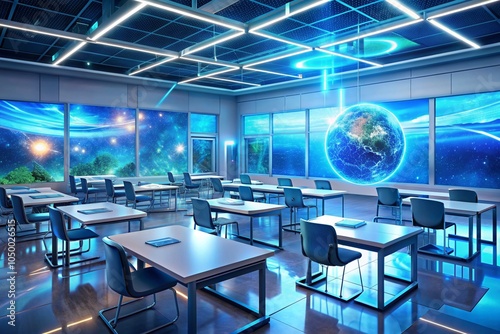 A classroom with a blue planet on the wall and blue chairs