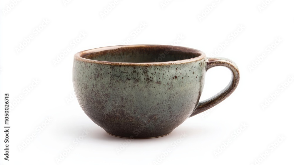 A ceramic cup filled with a hot beverage rests on a stark white background. A ceramic cup filled with a hot beverage rests on a stark white background.