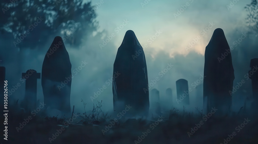 Ghostly apparitions floating through a foggy graveyard, chilling atmosphere, creepy Halloween mood Ghostly apparitions floating through a foggy graveyard, chilling atmosphere, creepy Halloween mood
