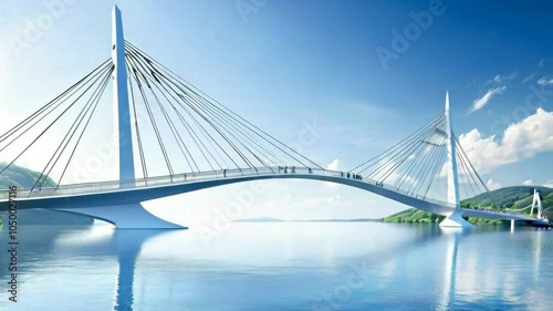A modern cable-stayed bridge spanning a calm body of water under a clear blue sky.