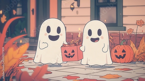 Playful cartoon ghosts trickortreating in a brightly lit neighborhood, fun Halloween spirit, cute spooky mood photo