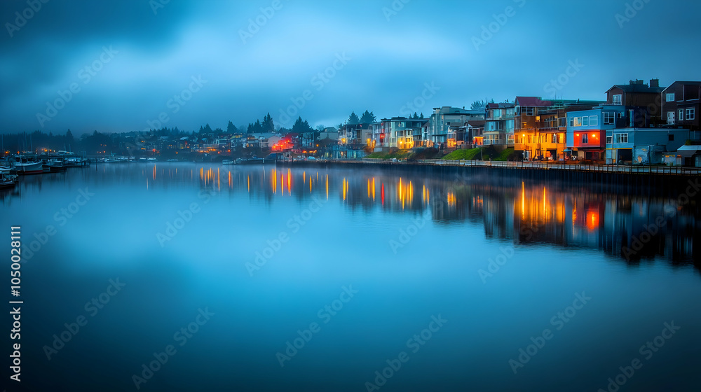Obraz premium Waterfront Homes at Dawn, houses, sunrise, morning, lake, river