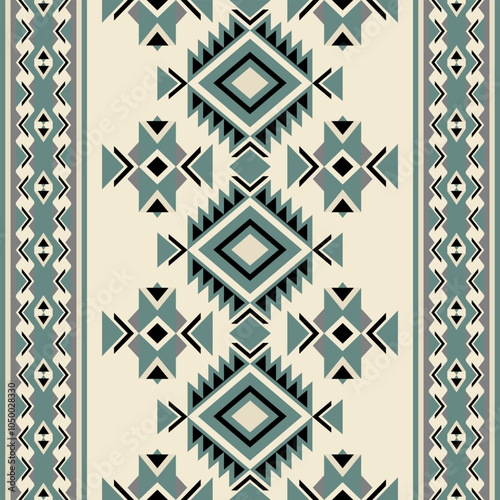 pattern of geometric shapes in shades of green and gray. The shapes are arranged in a symmetrical manner and include diamonds, triangles, and squares.
