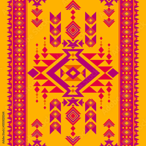 A seamless pattern featuring a mix of geometric shapes and abstract elements. The design is inspired by the traditional textiles of indigenous cultures.