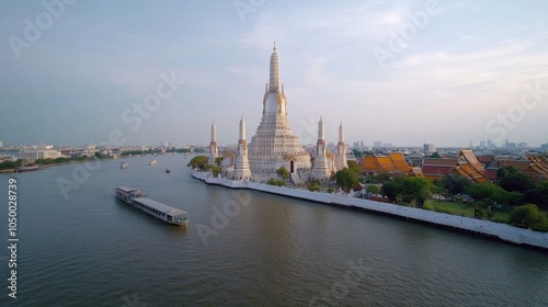 Wat Arun Towering Over the River with Passing Boats