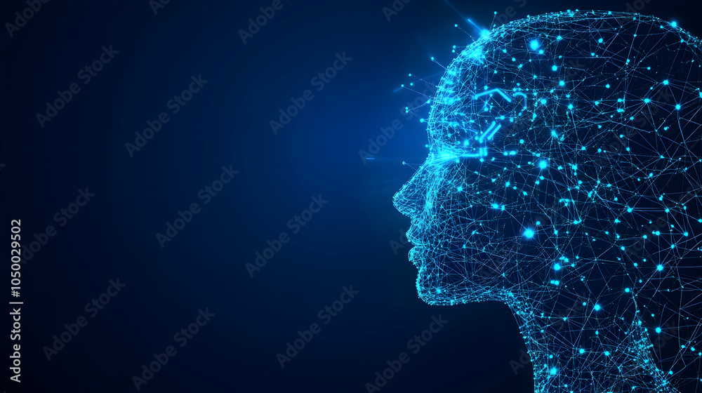 Obraz premium Digital Human Profile, head, face, network, connection, technology