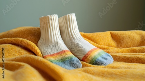 Cozy Rainbow Socks on Soft Blanket photo