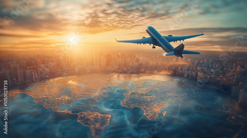 Fototapeta Naklejka Na Ścianę i Meble -  Airplane Flying Over World Map at Sunset, aircraft, aviation, travel, transportation, sunrise